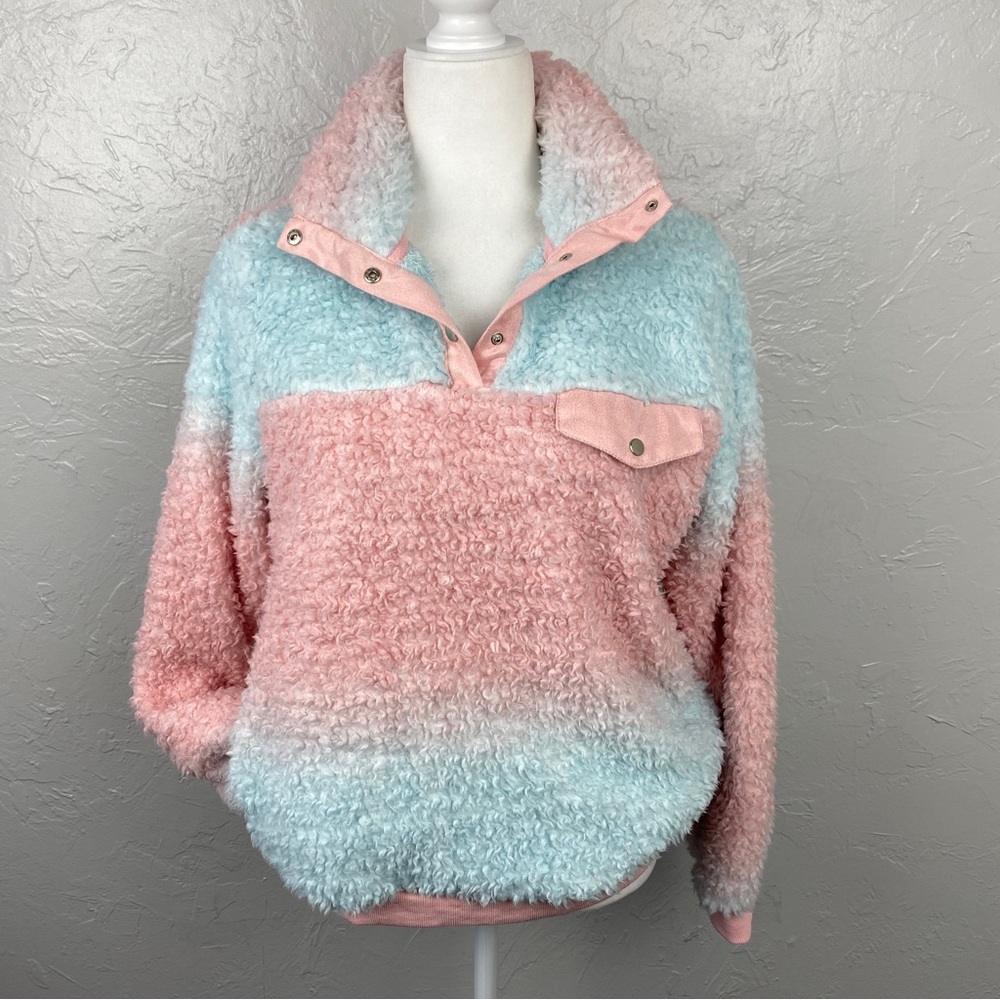 ShoptheMint pink & teal fleece fuzzy sweater Small Fall Winter